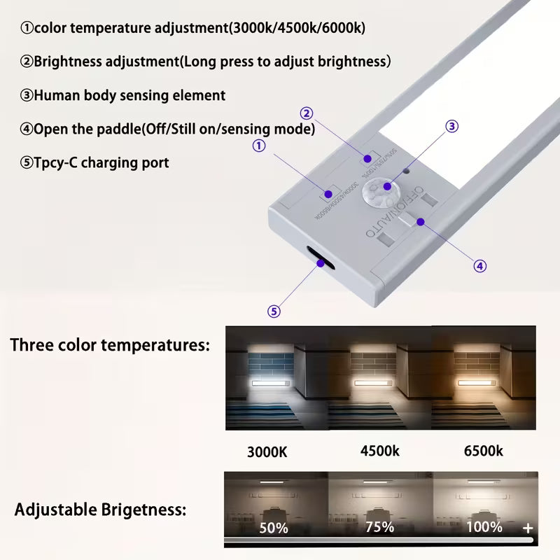 LED Motion Sensor Cabinet Light – Rechargeable Dimmable 3-Color Under Cabinet Light