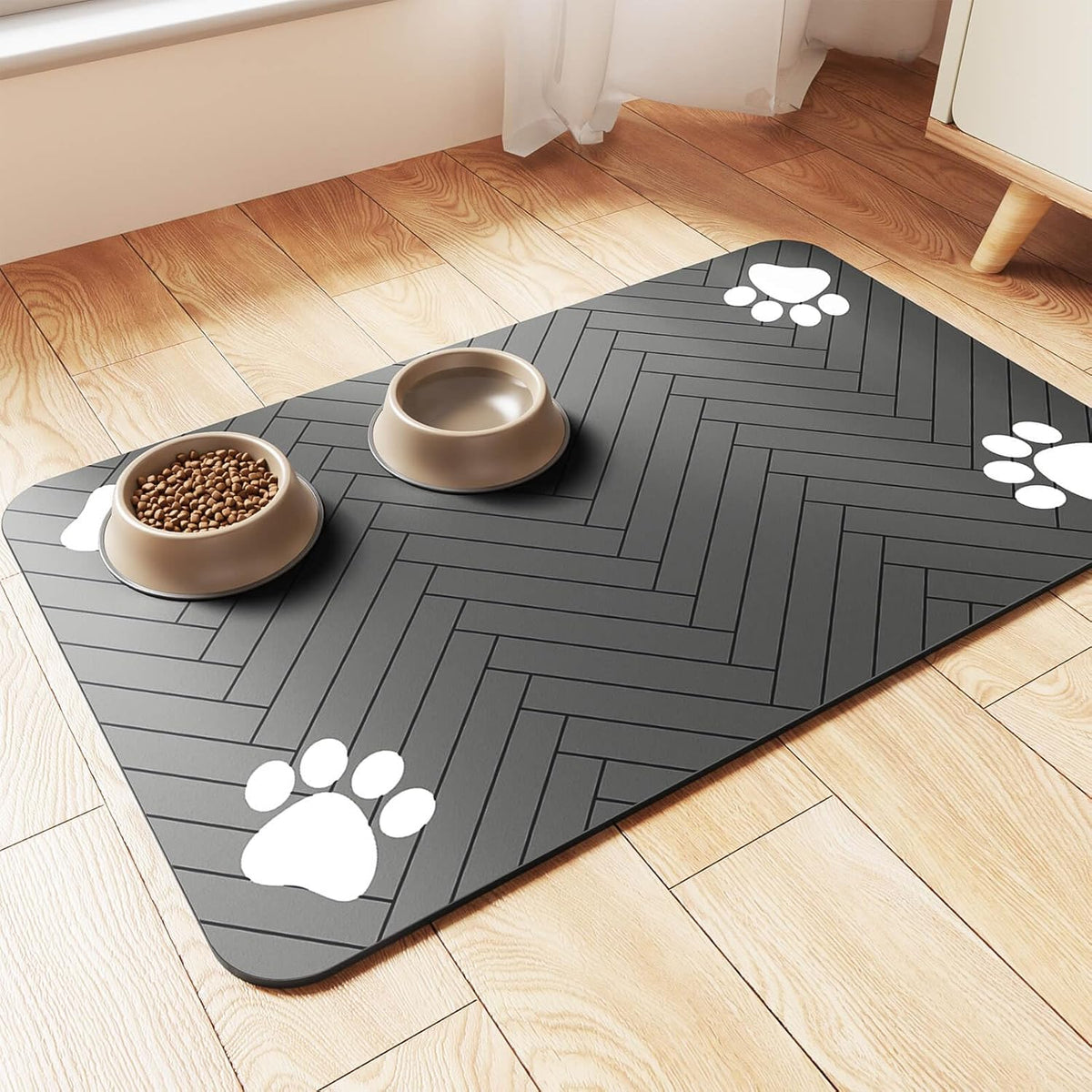 Pet Feeding Mat-Absorbent Pet Placemat for Food and Water Bowl, with Waterproof Rubber Backing, Quick Dry Water Dispenser Mat for Dog &Cat (20"x12", Striped Dark Gray)