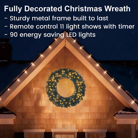 36" Prelit Christmas Wreath Snowy Artificial Wreath with 120 LED Lights Remote
