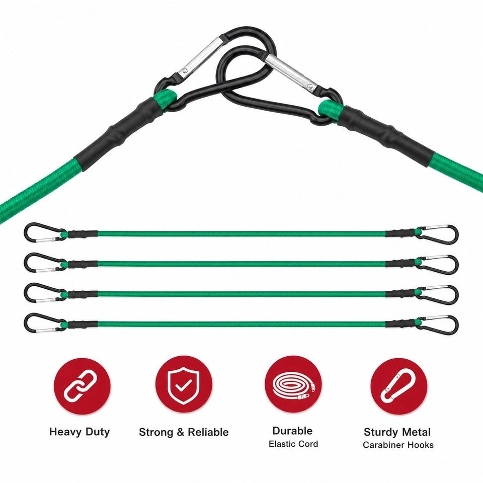 24 Inch Bungee Cords With Hooks 4 Pack Superior Rubber Heavy Duty Green Elastic