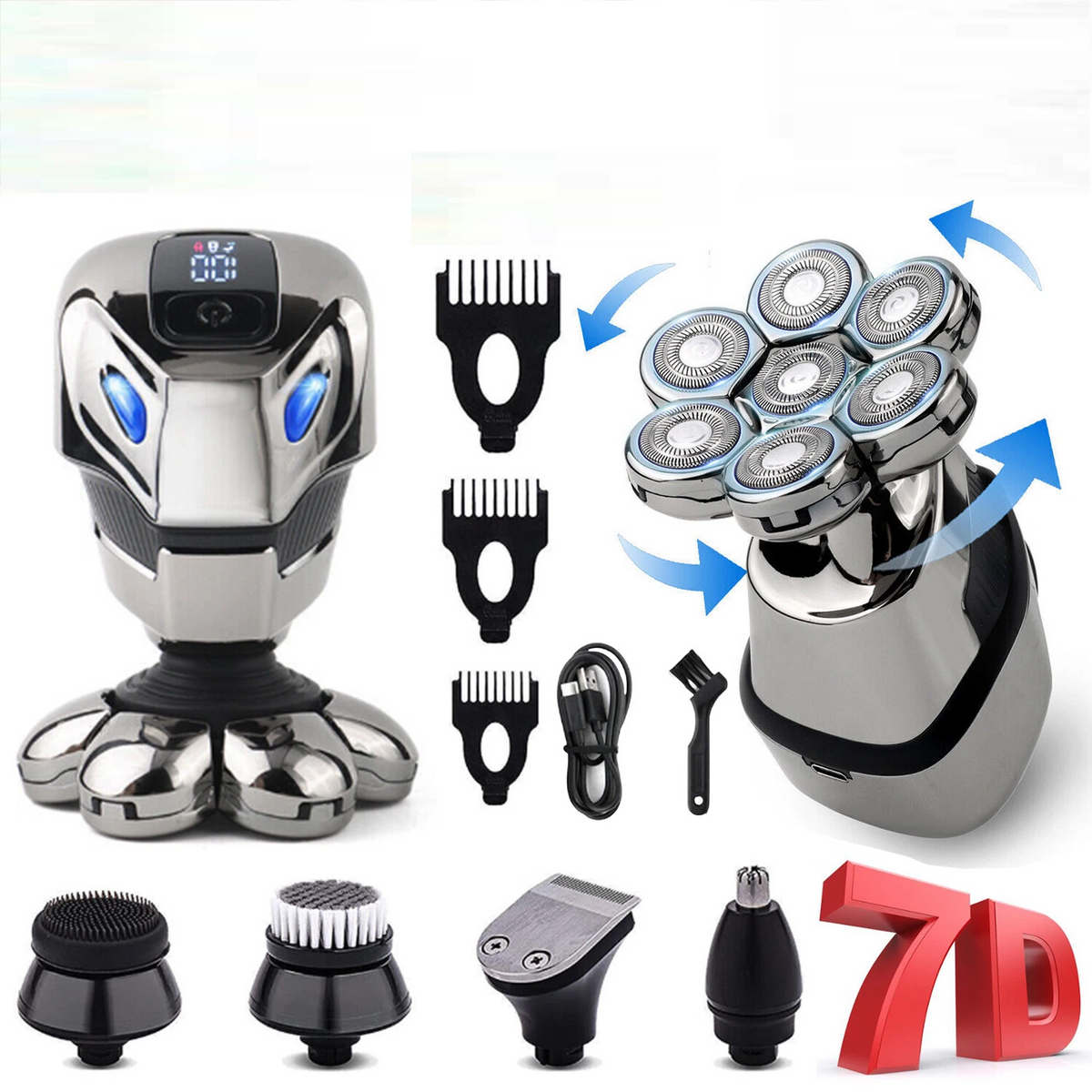 7D Cordless Shaver Hair Trimmer Men’s 5-In-1 Electric Head Shaver Razor Men Wet