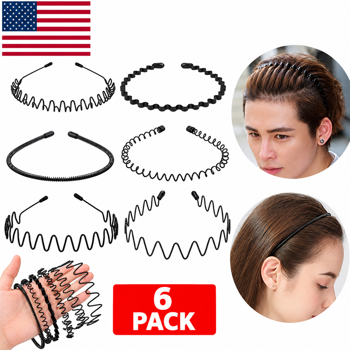 6Pcs Metal Hair Headband Wave Style Hoop Band Comb Sports Hairband Men Women