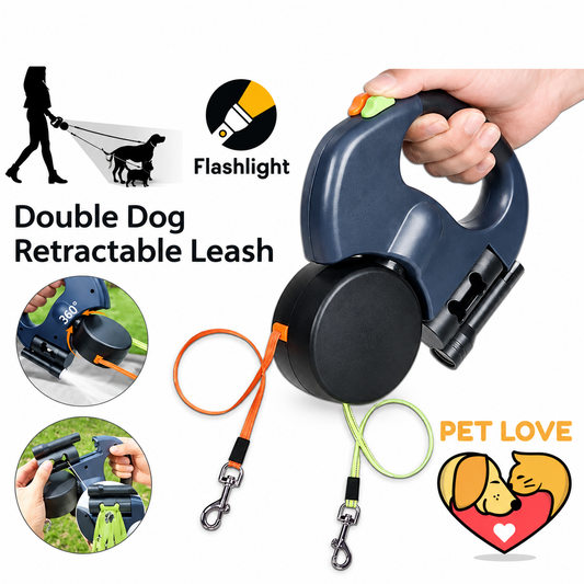 Dual Pet Leash Retractable Reflective Lead 360 Swivel Double Dog Walking Leash
