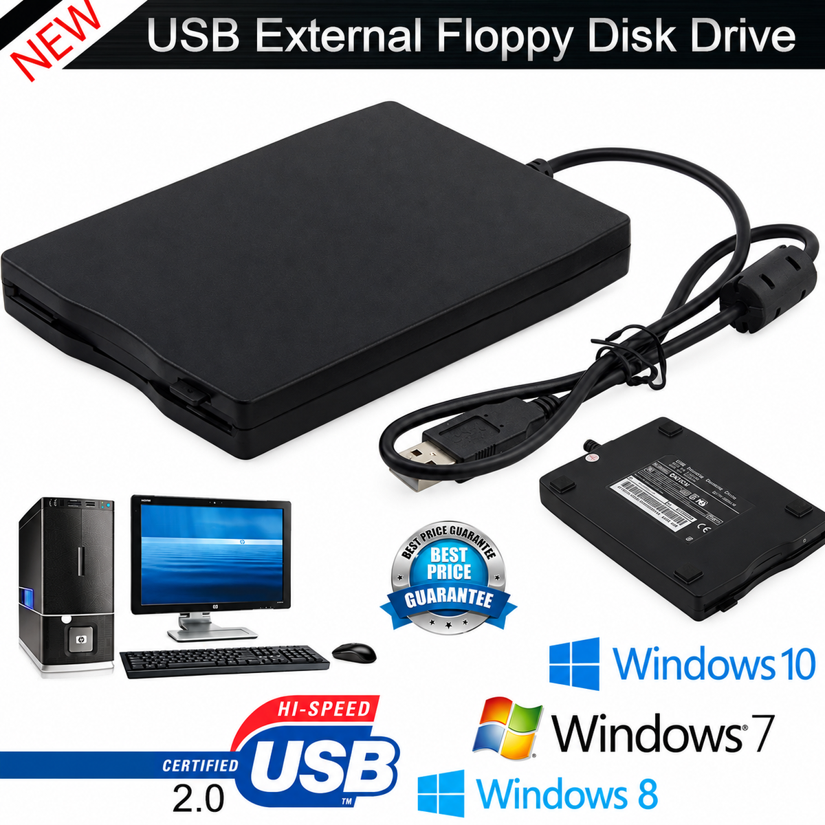 3.5” USB 2.0 Data External Floppy Disk Drive 1.44MB For Laptop PC Win 7/8/10 Mac