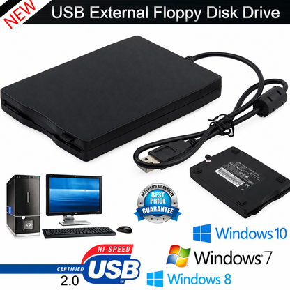 3.5” USB 2.0 Data External Floppy Disk Drive 1.44MB For Laptop PC Win 7/8/10 Mac