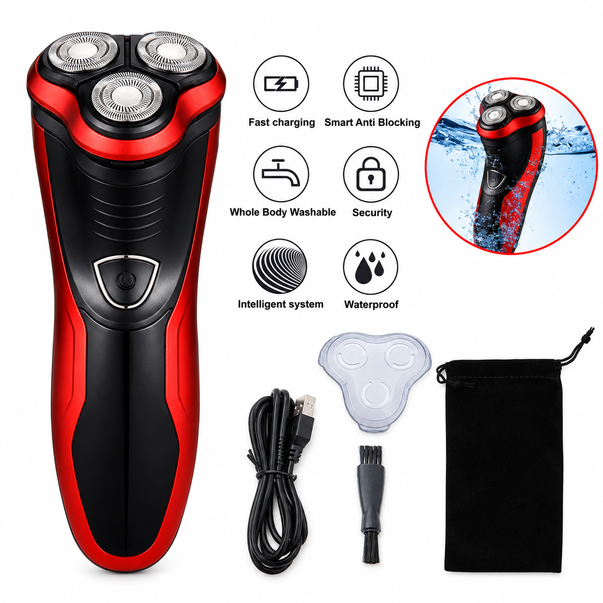 Men's Razor Rotary Waterproof Electric Shaver Pop-Up Trimmer Wet Dry Cordless