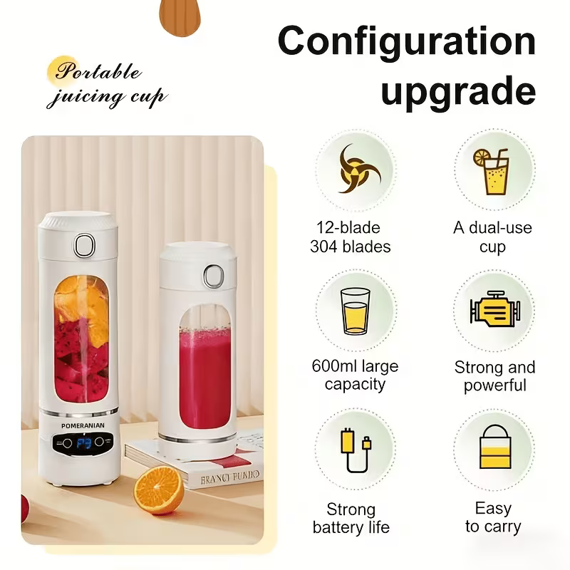 Portable USB Rechargeable Blender – 12-Blade Personal Smoothie Maker, 20.29 oz Travel Juicer Cup