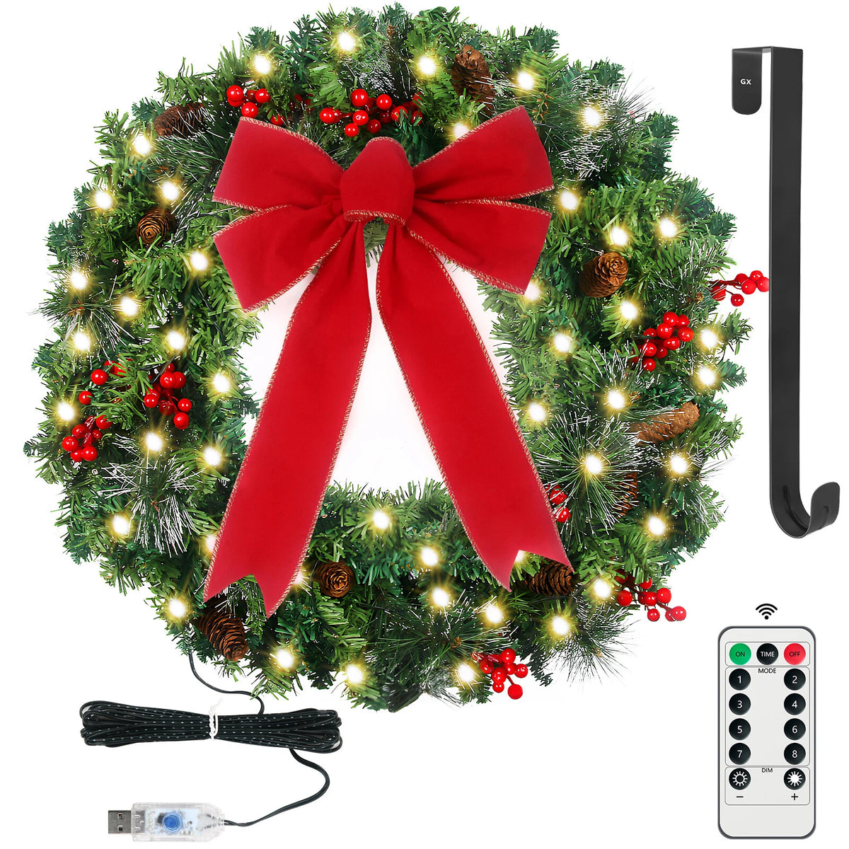 24" Prelit Christmas Wreath with LED Warm White Lights For Front Door Decoration