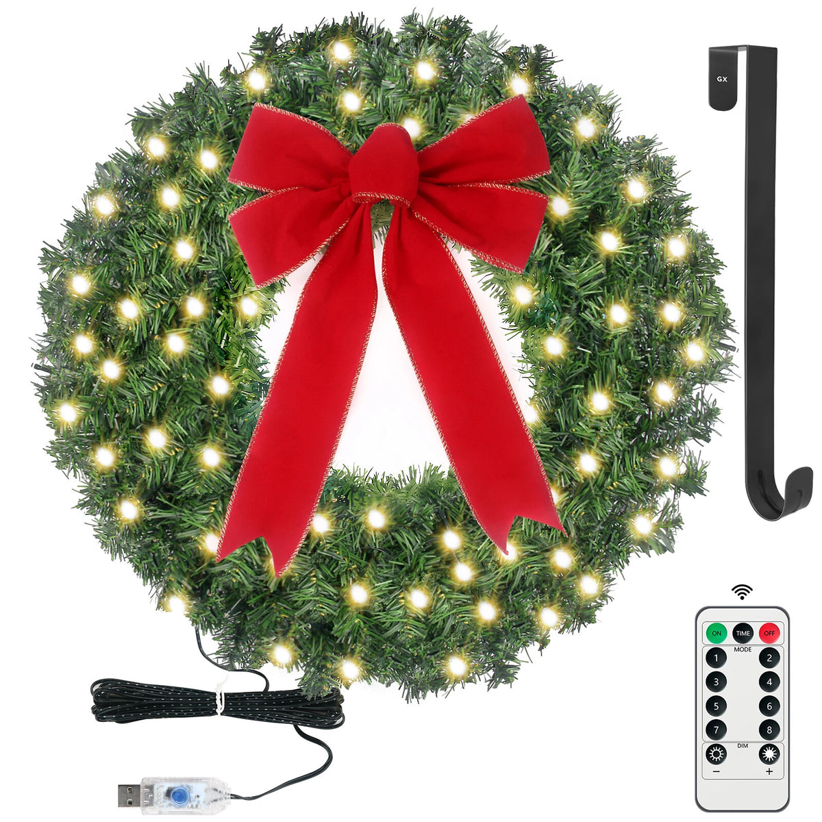24" Christmas Decor Prelit Christmas Wreath with 50 LED Lights 8 Lighting Modes