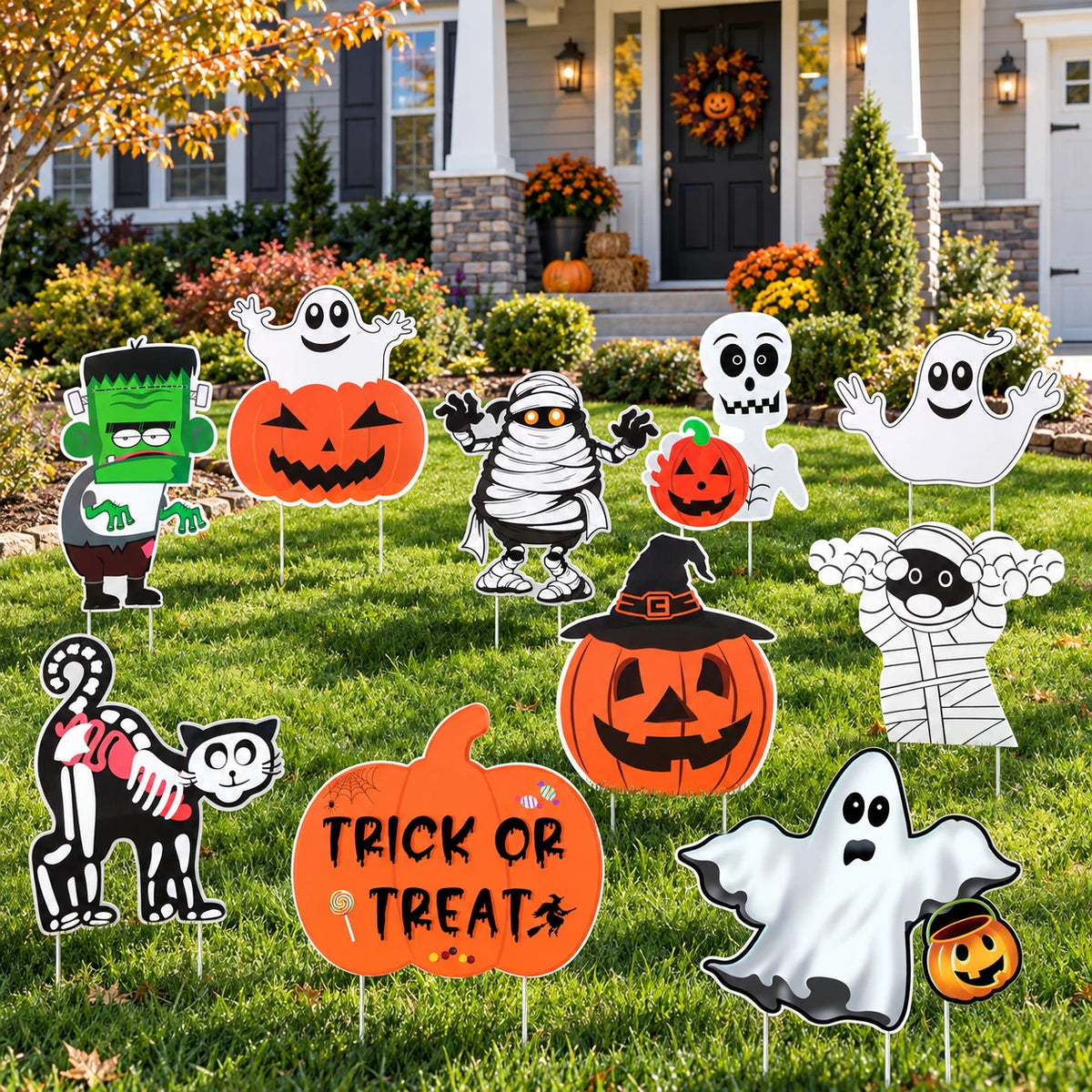 10Pcs Halloween Yard Signs with Stakes Pumpkin Ghost Monster Props Outdoor Decor
