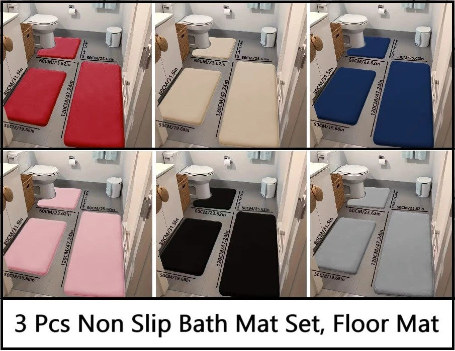 3 PC Bathroom Non-Slip Bath Mat Set Floor Mat Bedroom Carpet Laundry Room Mat