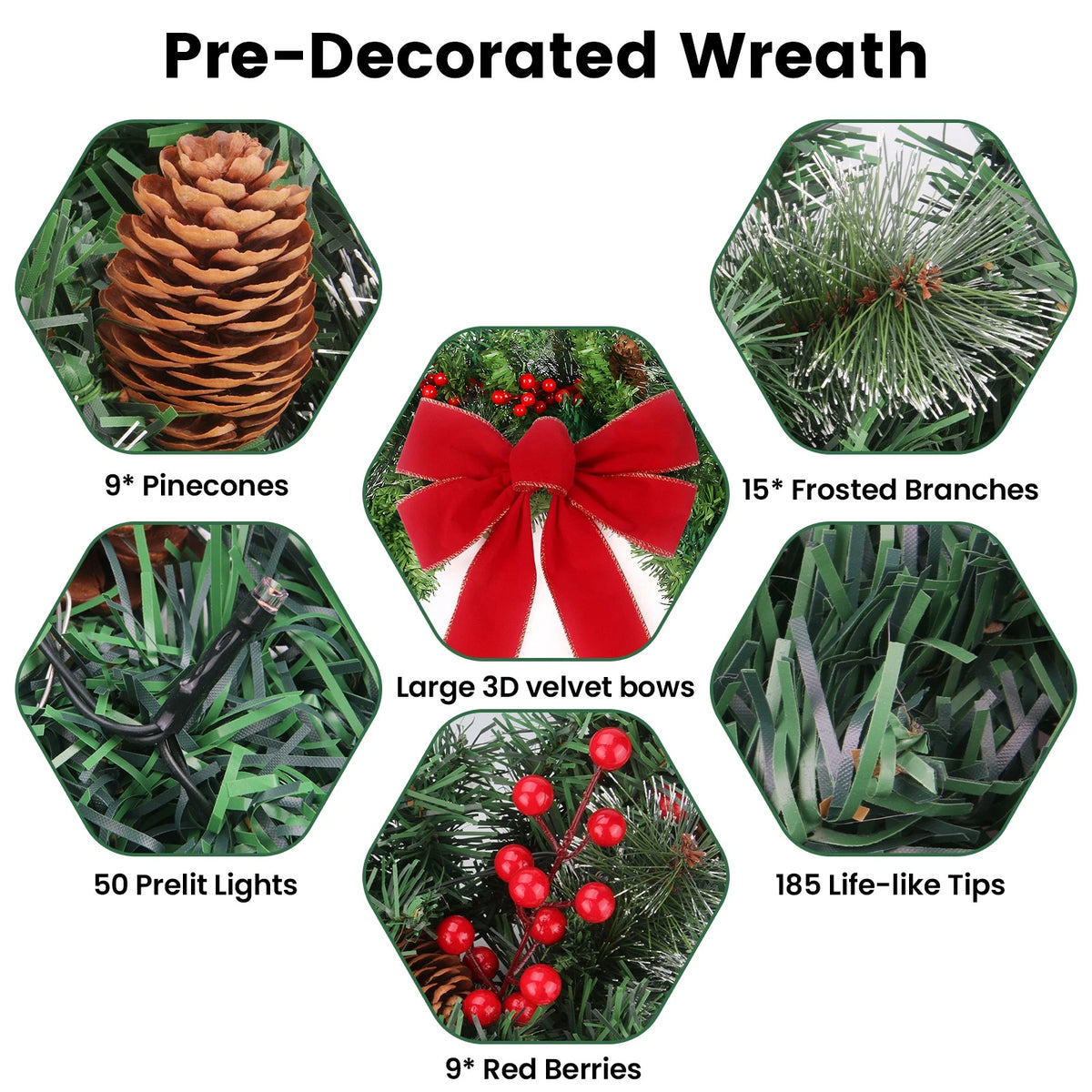 24in Prelit Christmas Wreath Battery Operated with 50 Lights Timer 8 Light Modes