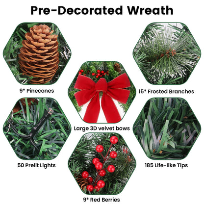 24in Prelit Christmas Wreath Battery Operated with 50 Lights Timer 8 Light Modes