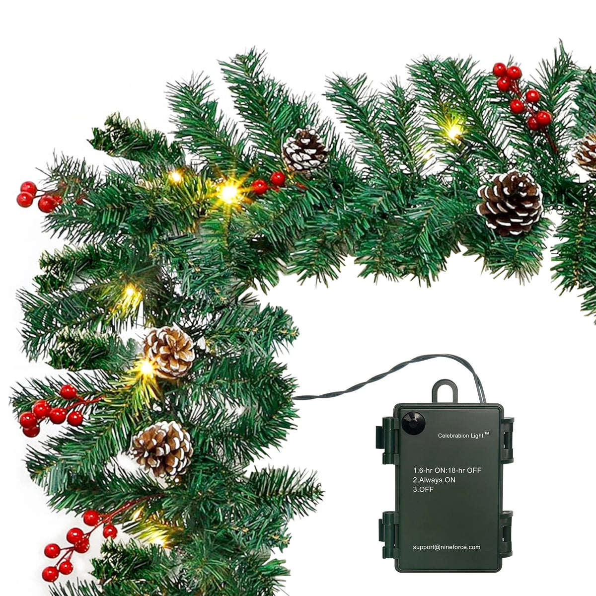 10Ft Prelit Christmas Garland Pine Garland with 50 LED Lights & Berries Pinecone