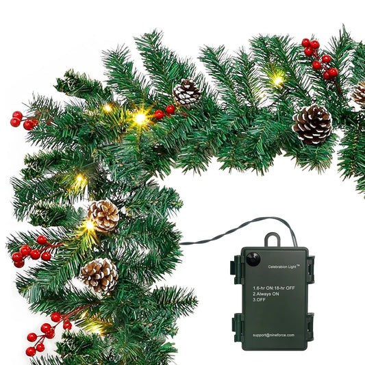 10Ft Prelit Christmas Garland Pine Garland with 50 LED Lights & Berries Pinecone