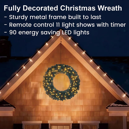 36" Prelit Christmas Wreath Snowy Artificial Wreath with 120 LED Lights Remote