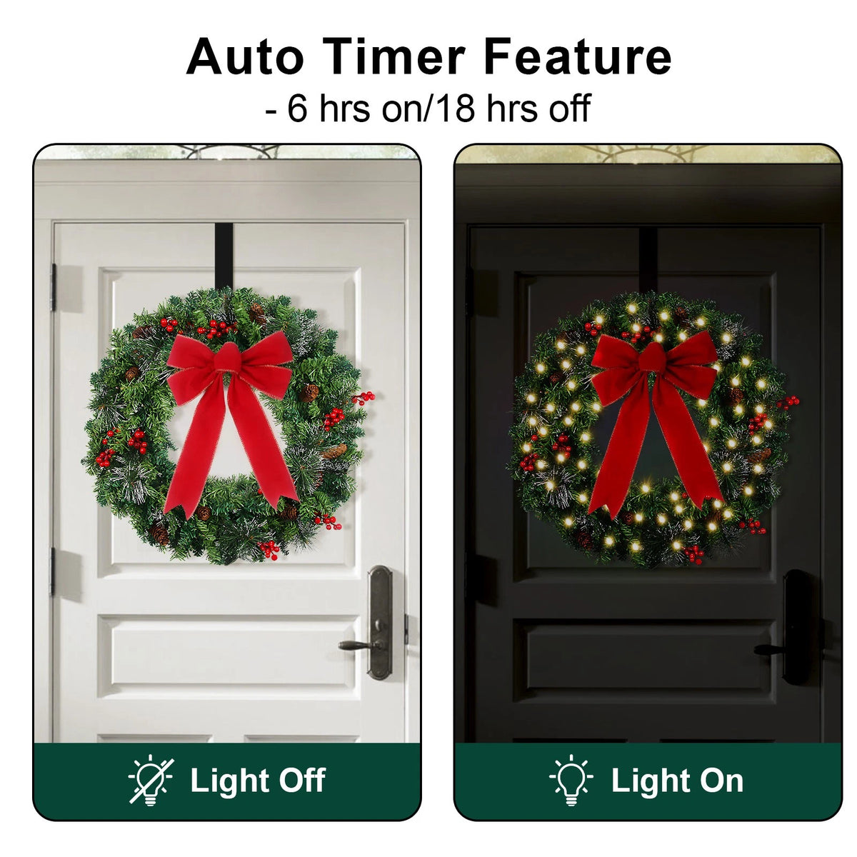 24in Prelit Christmas Wreath Battery Operated with 50 Lights Timer 8 Light Modes