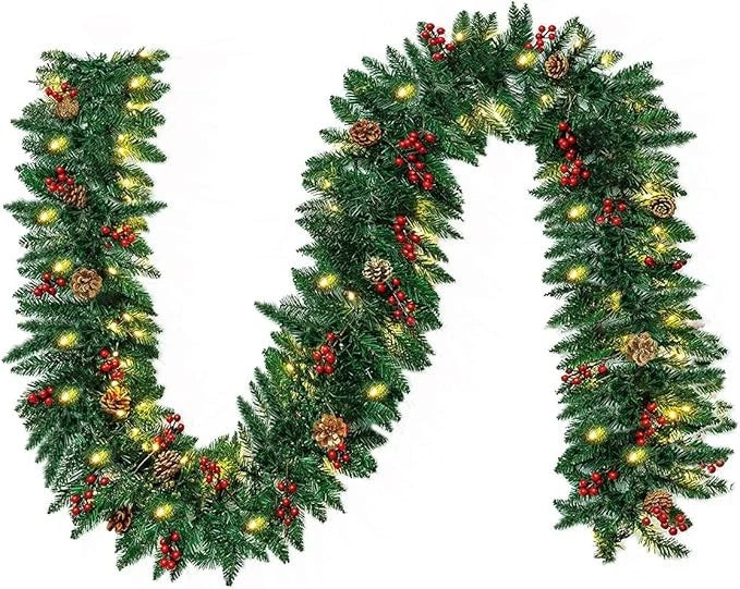 10Ft Prelit Christmas Garland Pine Garland with 50 LED Lights & Berries Pinecone