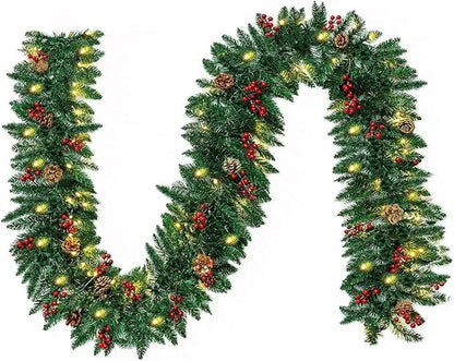 10Ft Prelit Christmas Garland Pine Garland with 50 LED Lights & Berries Pinecone