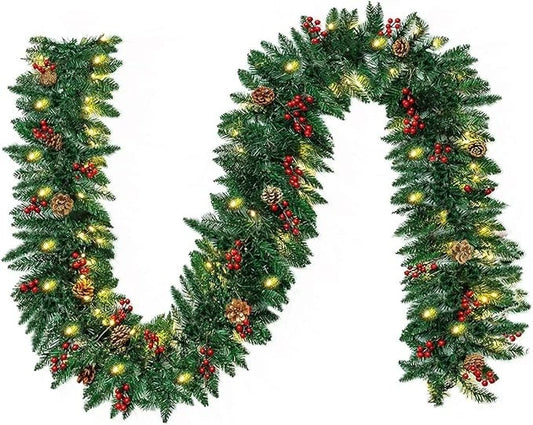 10Ft Prelit Christmas Garland Pine Garland with 50 LED Lights & Berries Pinecone