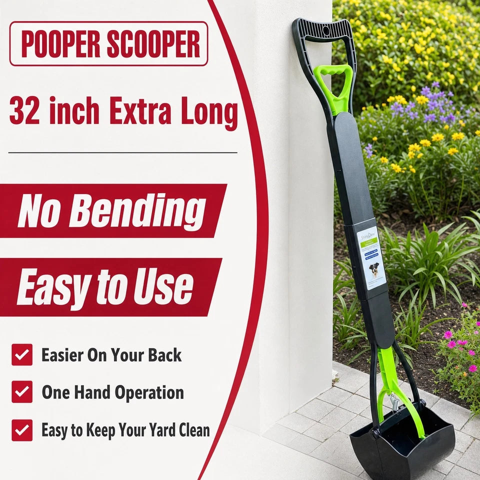 Large Dog Pooper Scooper For Yard 32" Long Handle No Bending Green Waste Picker