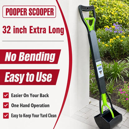 Large Dog Pooper Scooper For Yard 32" Long Handle No Bending Green Waste Picker
