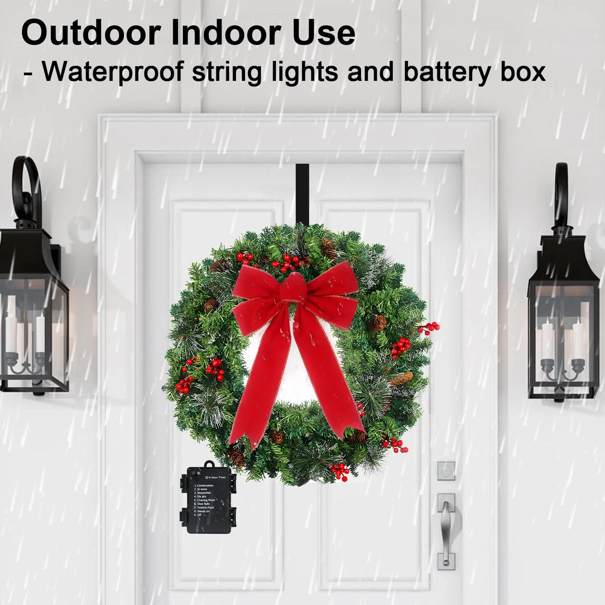 24in Prelit Christmas Wreath Battery Operated with 50 Lights Timer 8 Light Modes