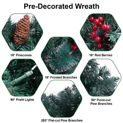 36" Prelit Christmas Wreath Snowy Artificial Wreath with 120 LED Lights Remote