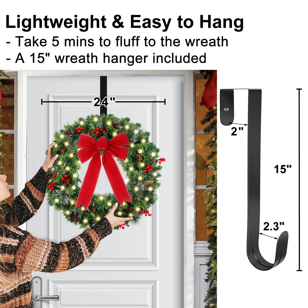 24in Prelit Christmas Wreath Battery Operated with 50 Lights Timer 8 Light Modes