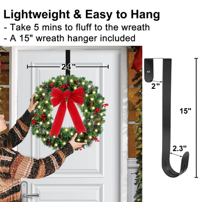 24in Prelit Christmas Wreath Battery Operated with 50 Lights Timer 8 Light Modes