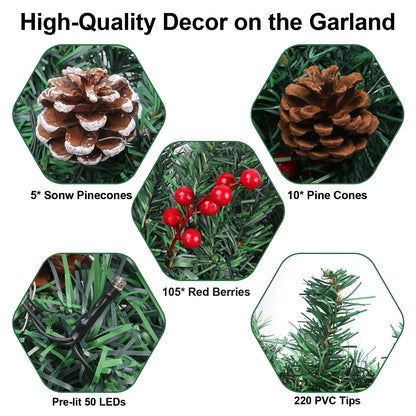 10Ft Prelit Christmas Garland Pine Garland with 50 LED Lights & Berries Pinecone