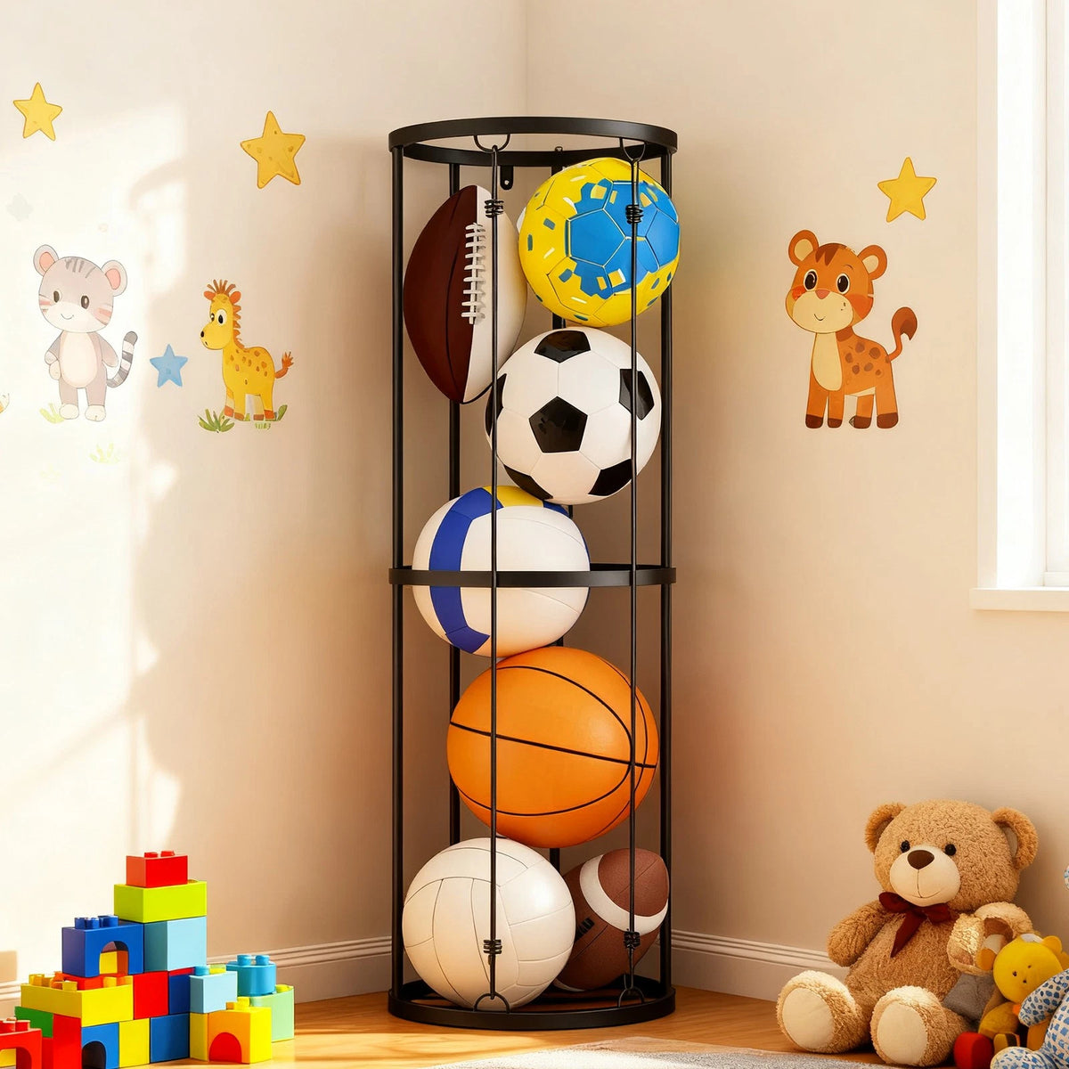 Garage Ball Storage Rack Sports Organizer Gym Holds 7 Balls with Elastic Cords