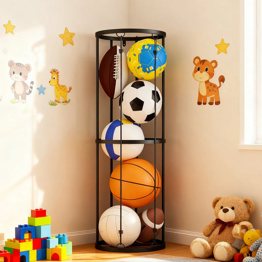Garage Ball Storage Rack Sports Organizer Gym Holds 7 Balls with Elastic Cords