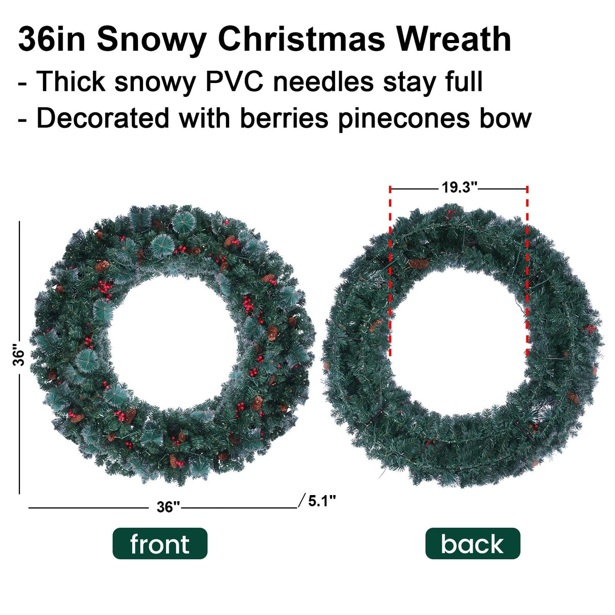 36" Prelit Christmas Wreath Snowy Artificial Wreath with 120 LED Lights Remote