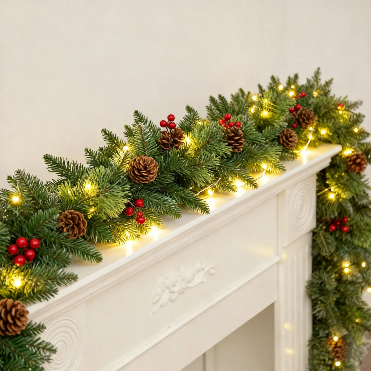 10Ft Prelit Christmas Garland Pine Garland with 50 LED Lights & Berries Pinecone