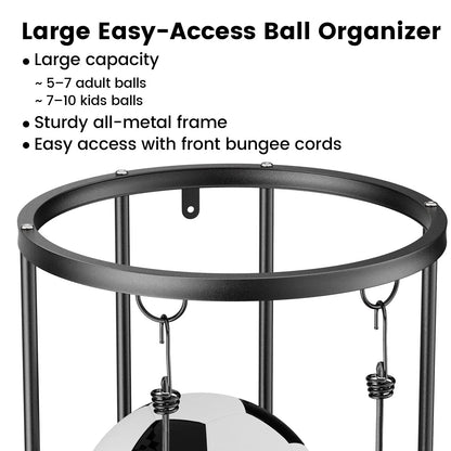 Garage Ball Storage Rack Sports Organizer Gym Holds 7 Balls with Elastic Cords