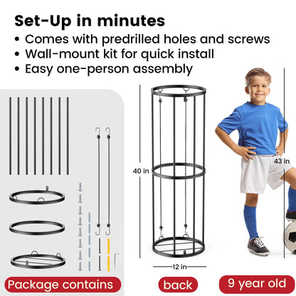 Garage Ball Storage Rack Sports Organizer Gym Holds 7 Balls with Elastic Cords