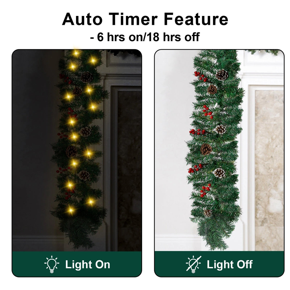 10Ft Prelit Christmas Garland Pine Garland with 50 LED Lights & Berries Pinecone