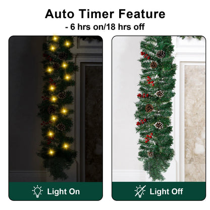 10Ft Prelit Christmas Garland Pine Garland with 50 LED Lights & Berries Pinecone