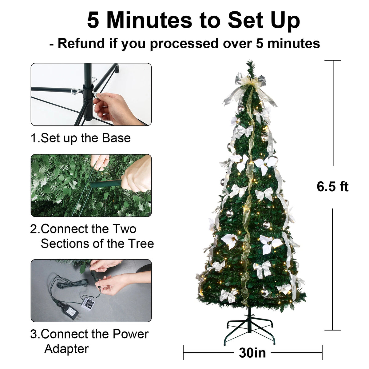 6.5 Ft Pre-lit Pull Up Christmas Tree with Remote & LED Lights For Party Decor