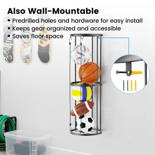 Garage Ball Storage Rack Sports Organizer Gym Holds 7 Balls with Elastic Cords
