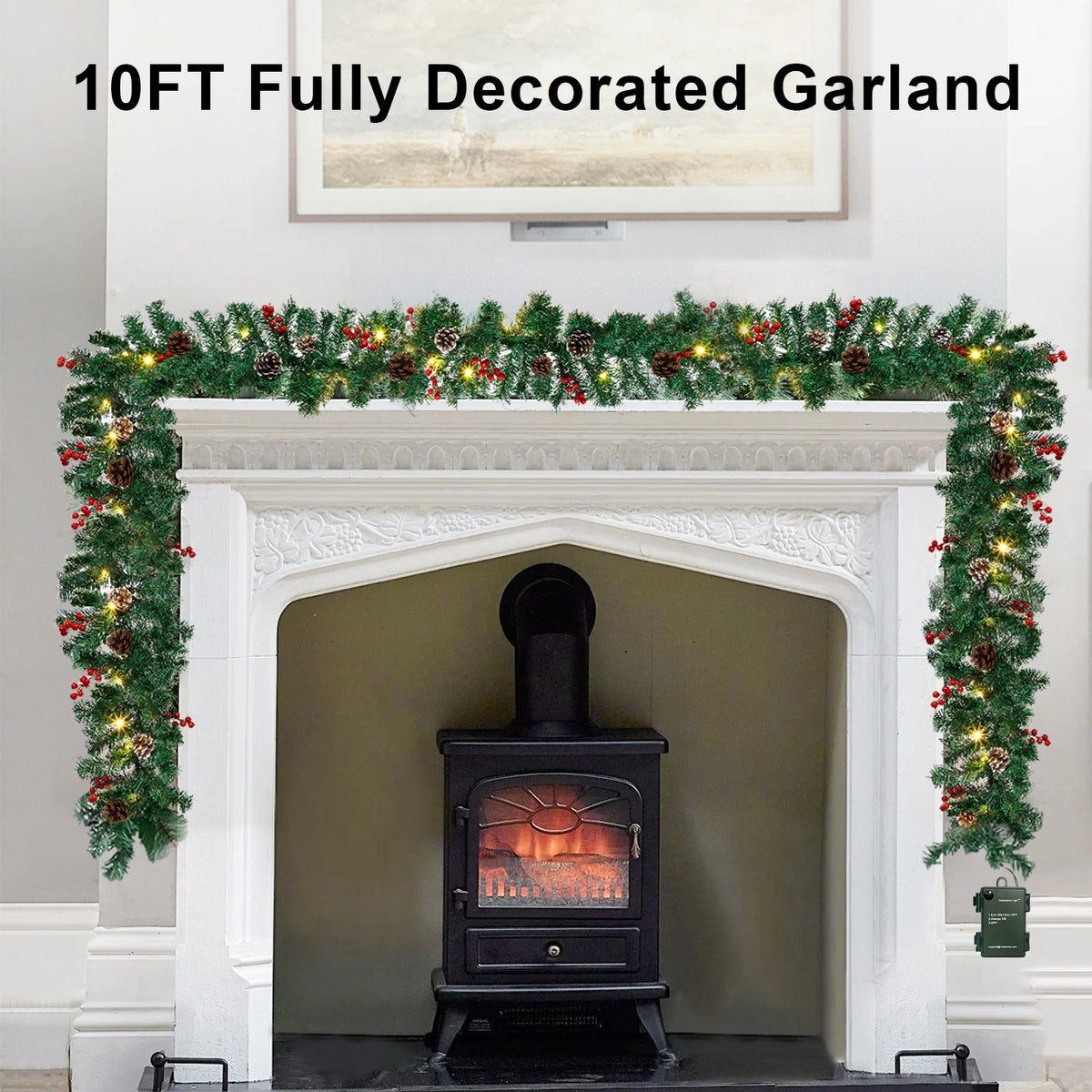 10Ft Prelit Christmas Garland Pine Garland with 50 LED Lights & Berries Pinecone