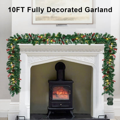 10Ft Prelit Christmas Garland Pine Garland with 50 LED Lights & Berries Pinecone