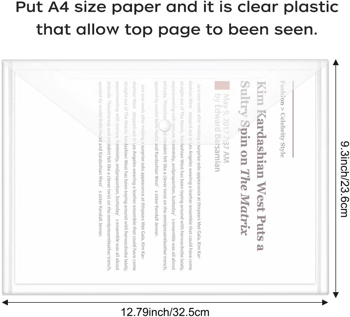 Clear File Folder Organizer L-Shaped Pocket Envelope Design Reusable