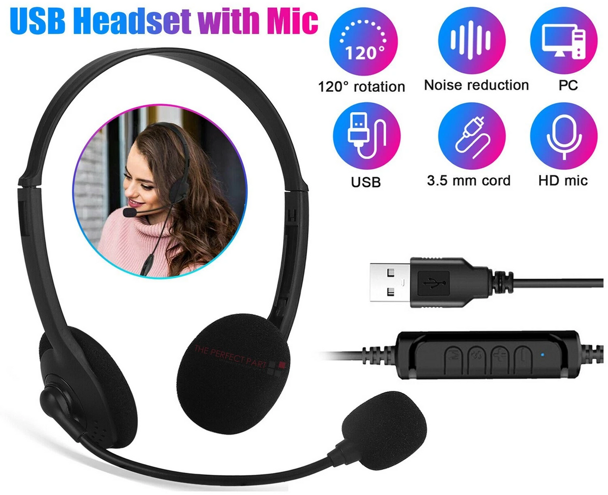 USB Headset Headphone With Microphone Noise Cancelling For PC Computer Call Chat