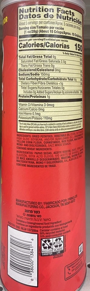 Pringles ORIGINAL Flavored Potato Chips Snack Crisps 5.2 oz Can