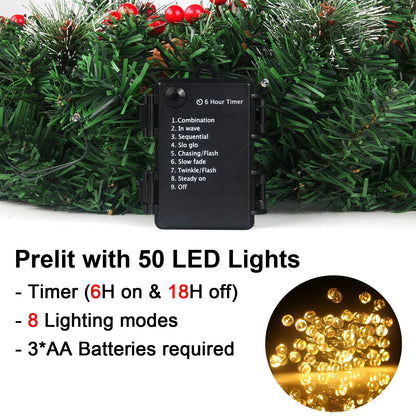 24in Prelit Christmas Wreath Battery Operated with 50 Lights Timer 8 Light Modes
