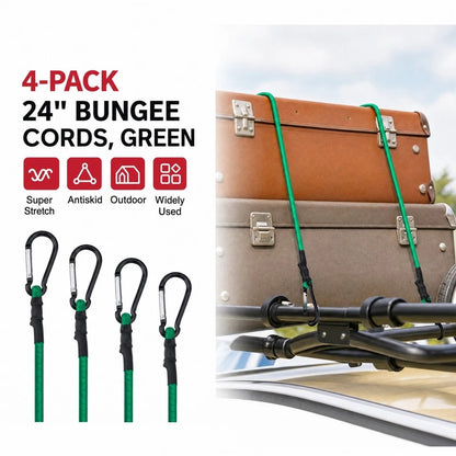 24 Inch Bungee Cords With Hooks 4 Pack Superior Rubber Heavy Duty Green Elastic