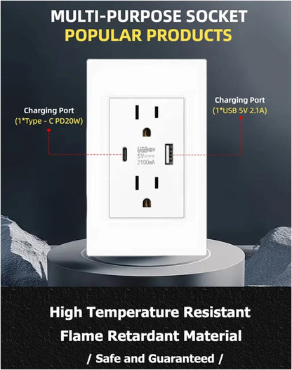 Dual Wall Outlet with USB Ports Charger AC Power Receptacle Plate Panel 15A 120V
