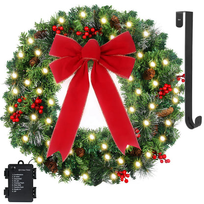 24in Prelit Christmas Wreath Battery Operated with 50 Lights Timer 8 Light Modes